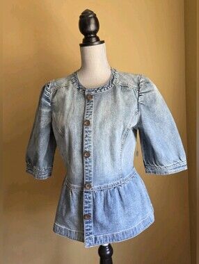 HINGE NORDSTROM Blue Denim Peplum Jacket Puff Sleeve Size L